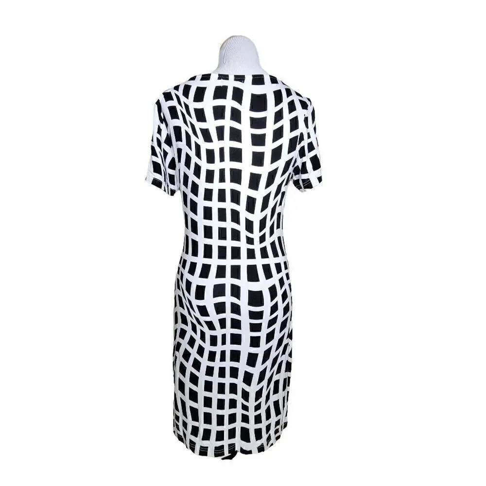 Venus Geometric Square Print Short Sleeve Sheath Dress Black White Size Medium